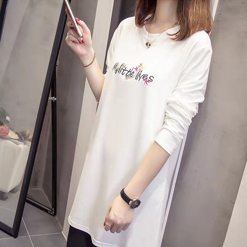 迪鲁奥(DILUAO)孕妇长袖春秋季孕妇装宽松大码遮肚显瘦中长款长袖上衣时尚圆领休闲绣花怀孕期秋装外穿长衫图片