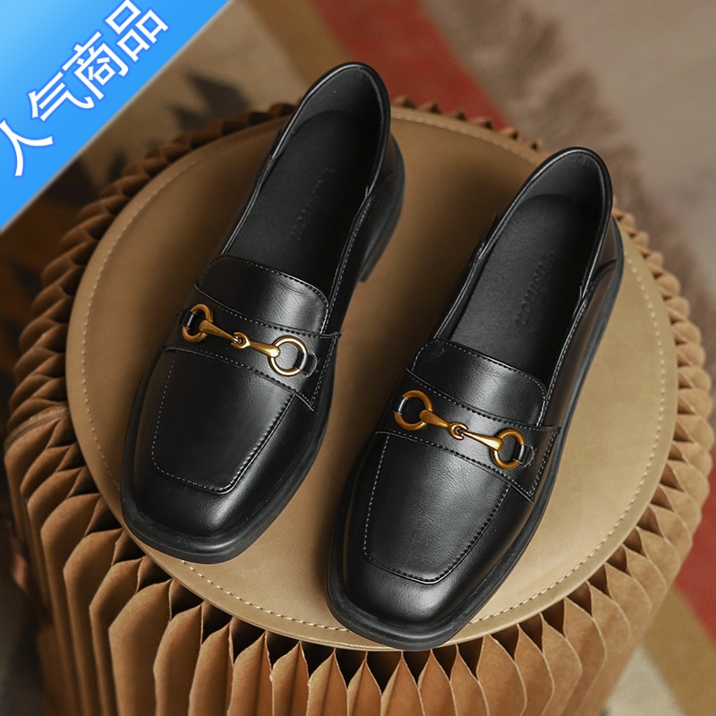 SUNTEK黑色小皮鞋女2022夏季新款英伦风乐福鞋百搭懒人单鞋一脚蹬女鞋 555-3黑色 39