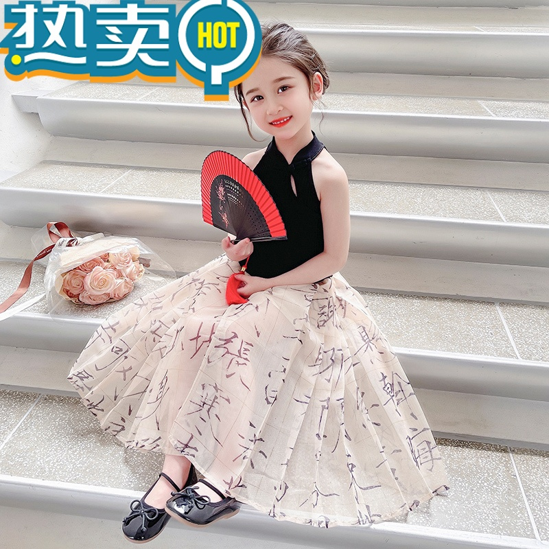 绿彩虹光女童夏装裙子中国风套装裙2023新款儿童马面裙夏季宝宝汉服连衣裙