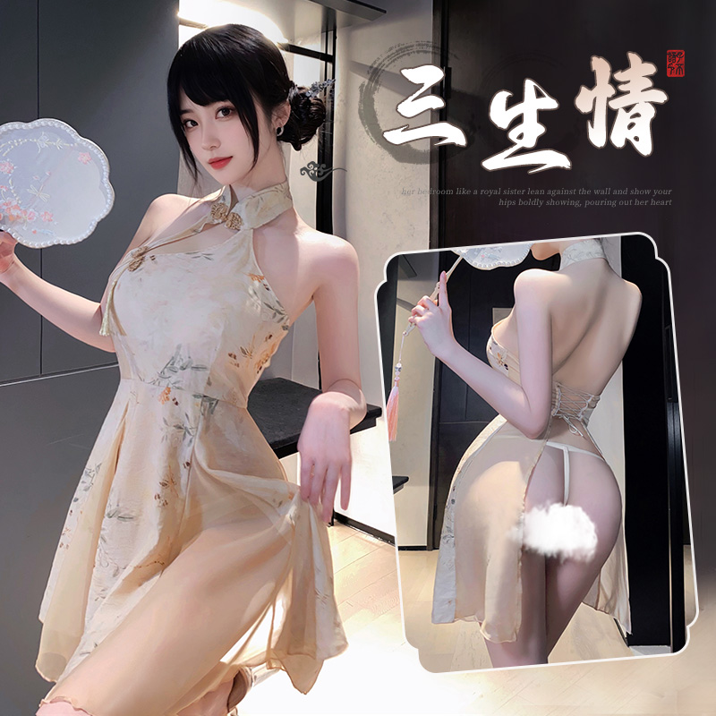 霏慕性感情趣内衣新中式A字露臀印花旗袍盘扣复古露背挂脖立领女式情趣睡衣6246