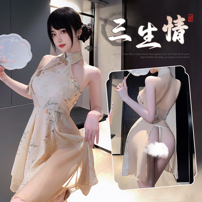 霏慕性感情趣内衣新中式A字露臀印花旗袍盘扣复古露背挂脖立领女式情趣睡衣6246