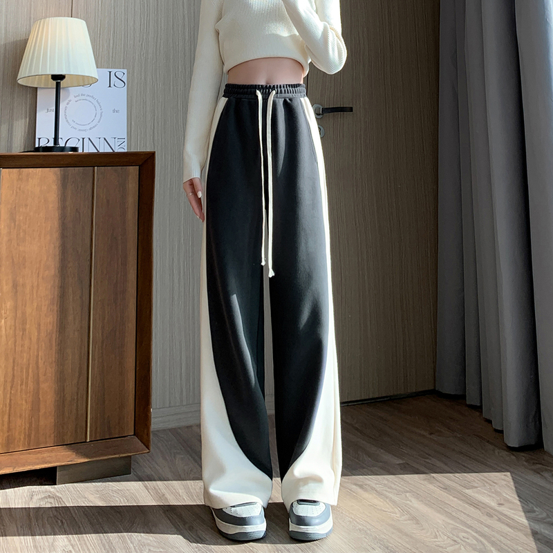 唐狮阔腿运动裤女2023秋冬新款黑白撞色拼接宽松厚实休闲长裤_687646 L 黑色