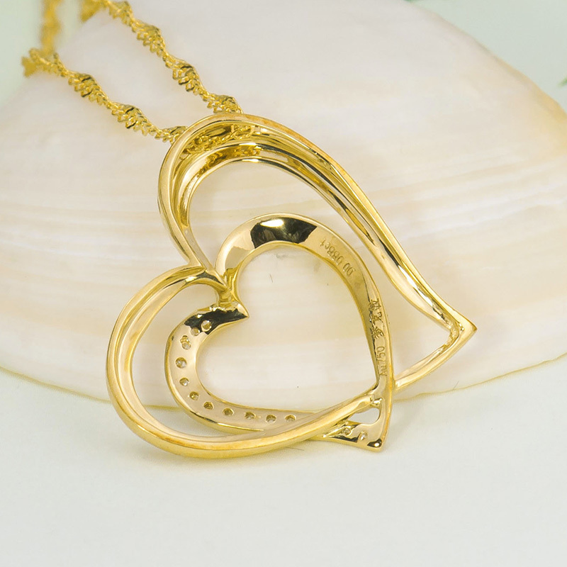 梦克拉18k金群镶钻石吊坠心形桃心金色双心项链心形吊坠恋语