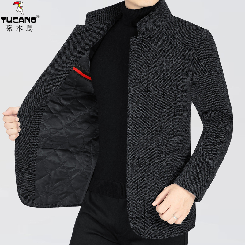 啄木鸟高端毛呢大衣男士秋冬季中年加厚外套休闲短款立领呢子夹士高清大图