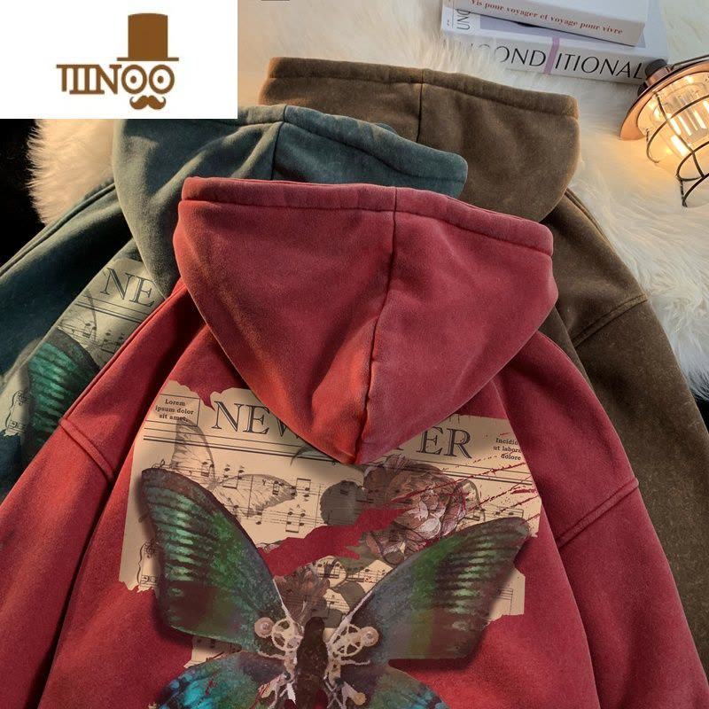 YANXU蝴蝶印花紫色连帽卫衣男潮牌美式复古水洗做旧宽松大码外套图片