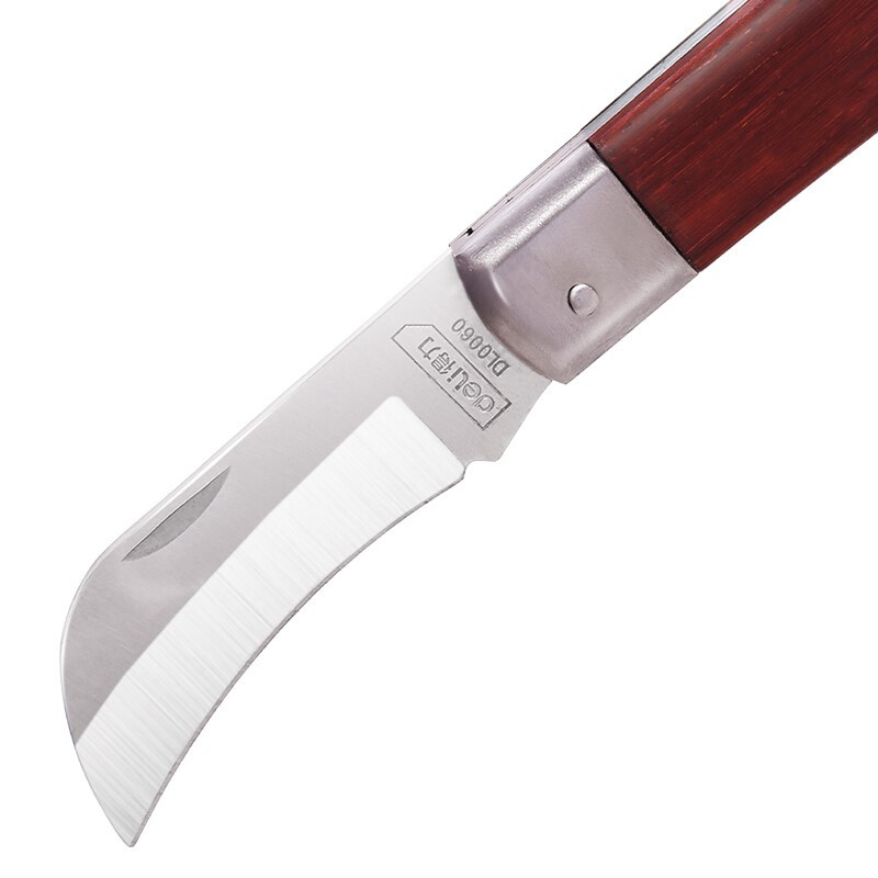 得力delidl0060原木手柄锰钢弯刃电工刀电缆刀电线切割工具弯嘴电工刀