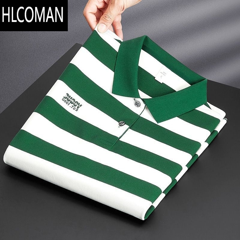 HLCOMAN高端条纹撞色衫短袖男2024新款夏季潮牌刺绣翻领半袖t恤男款