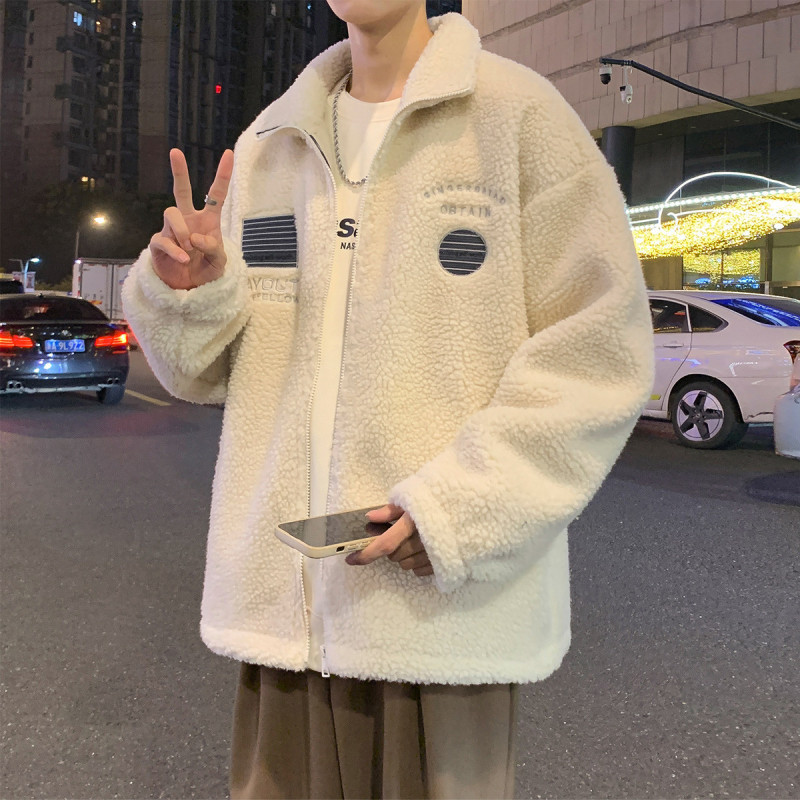 [1.5折价113元]唐狮外套男男士外套秋冬仿羊羔绒外套男立领胸前绣花拼接款羔毛男装外套