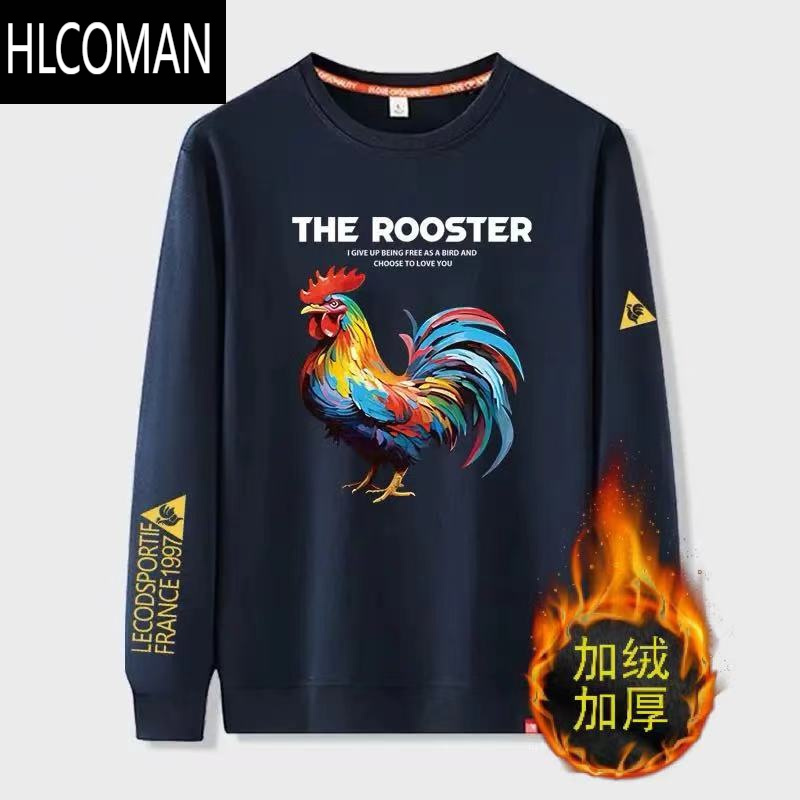 HLCOMAN2024公鸡卫衣款加肥加大藏蓝印花加绒加厚圆领学生上衣男士