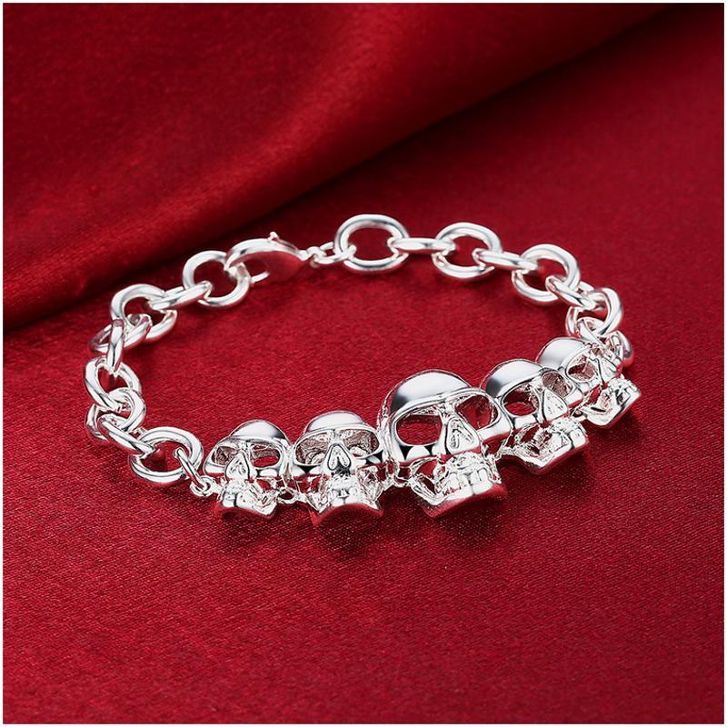 H486Women Silver Bracelet女生饰品另类骷髅头手链镀925纯银复古送女朋友七夕情人节礼物
