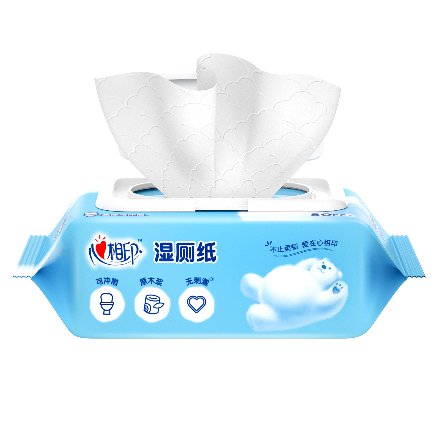 心相印 私处专用卫生杀菌湿纸巾可冲马桶湿厕巾湿厕纸系列80片装湿巾5包组合装XCY080+P2高清大图