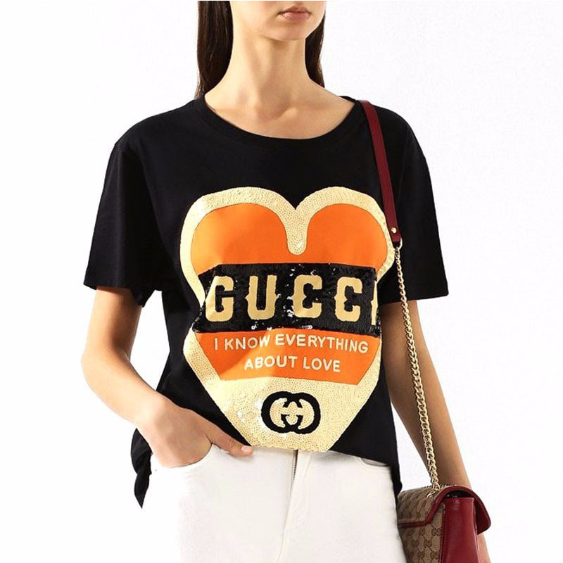 gucci/古驰 2020年夏季新款女士亮片爱心棉质黑色短袖t恤492347 xjb72