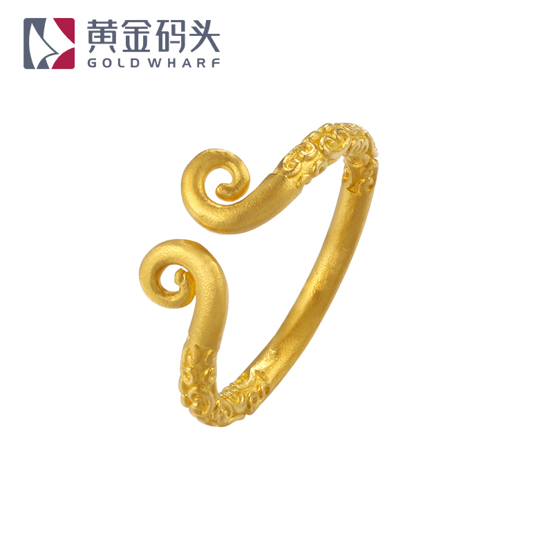 黄金码头 足金999古法金紧箍咒祥云符文条形戒指送礼情侣戒饰