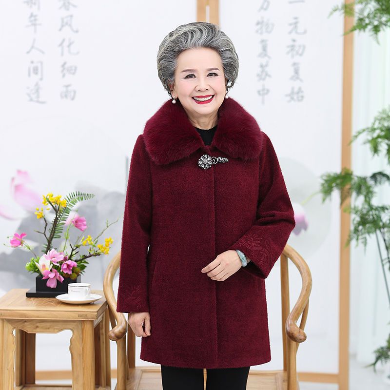 迪鲁奥(DILUAO)高端轻奢奶奶绒外套女老人棉大衣奶奶装冬装绒外套宽松妈妈呢子70岁老太太上衣