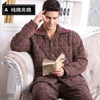 中老年人睡衣男冬纯棉加厚夹棉袄保暖加肥加大中年男士家居服套装