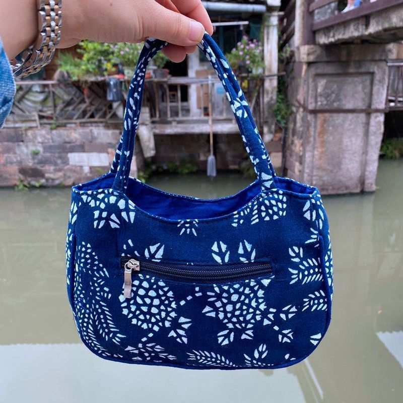 蜡染蓝印花布小布包买菜小拎包复古民族风时尚妈妈包手提包布袋女蓝色