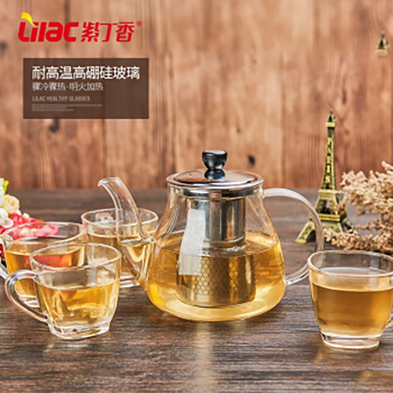 紫丁香手工吹制高硼硅加厚耐高温防爆玻璃泡茶壶套装丁香乐怡壶+莲花杯*4(S814+S103-4)