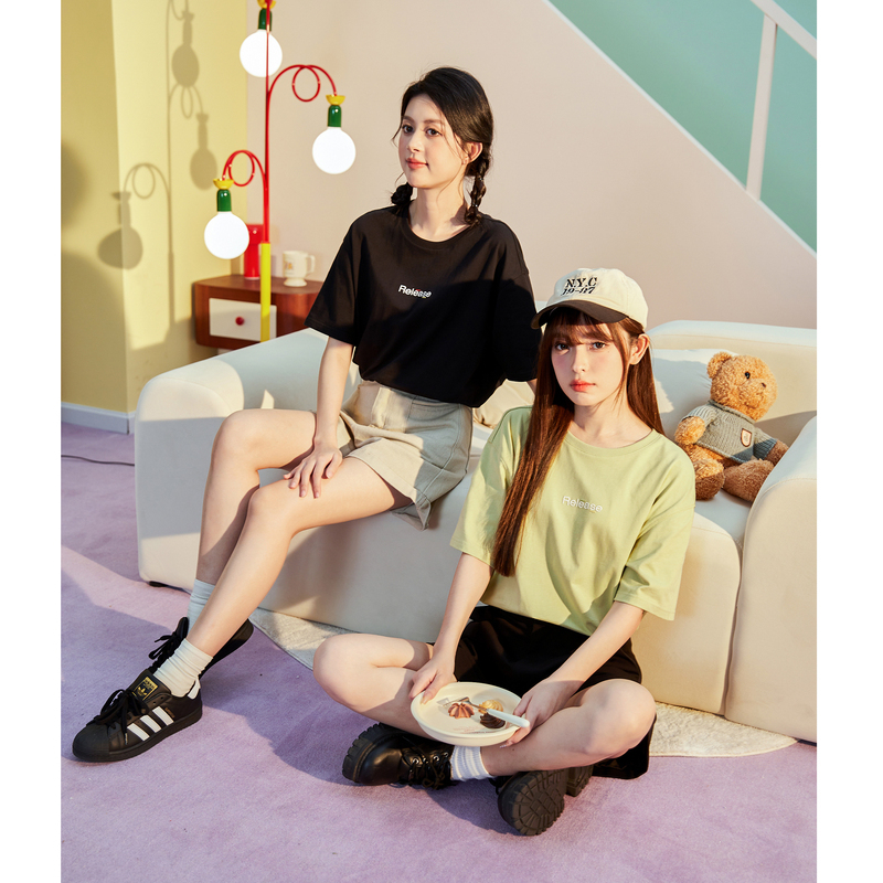 [1.5折价36元]唐狮夏季新款女简约撞色字母纯棉短袖T恤休闲夏装宽松上衣sz