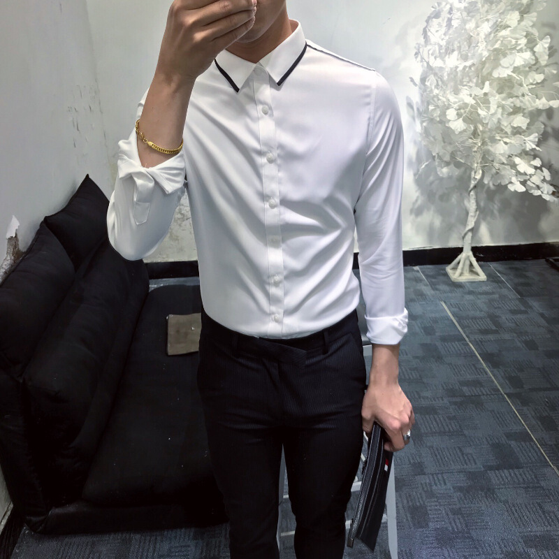 新款衬衫男韩版长袖线条修身免烫寸衫青年英伦紧身型师衬衣潮