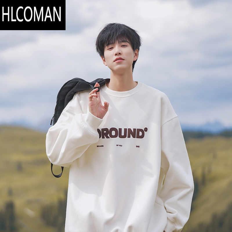 HLCOMAN发泡印花圆领卫衣男秋日系复古中性风打底衫高街百搭休闲长袖T恤