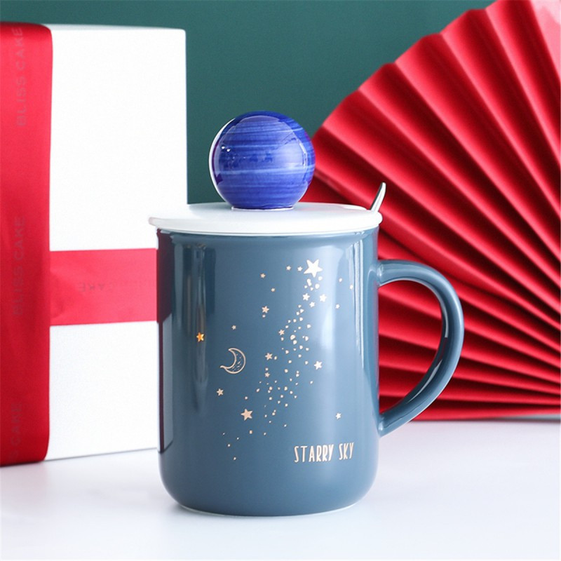 贝瑟斯 星空立体盖陶瓷马克杯带盖勺潮流情侣咖啡杯韩版喝水杯子