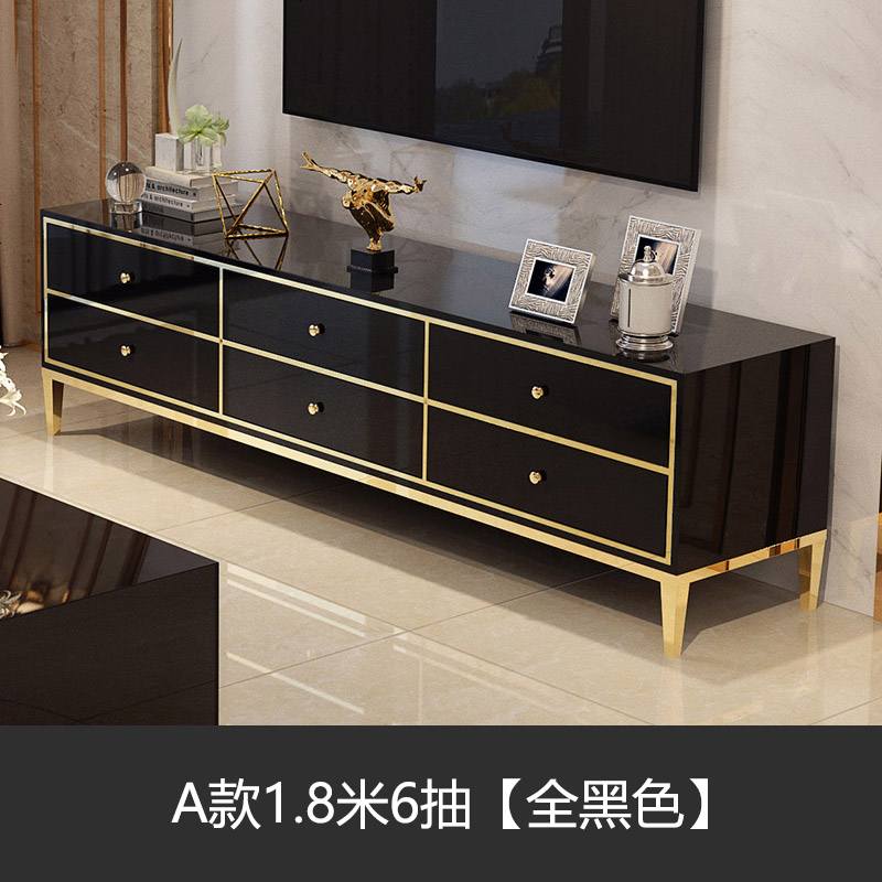 后现代简约轻奢大理石电视柜茶几组合套装 北欧小户型客厅地柜 整装_A款1.8米电视柜6抽屉【全黑色】
