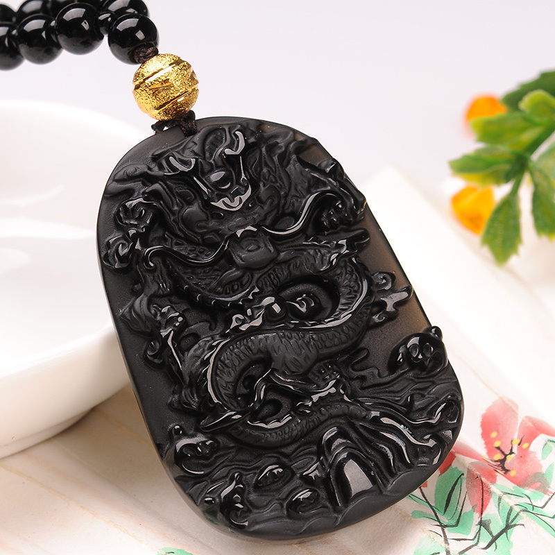 黑曜石龙牌坠男款生肖龙项链挂件黑耀岩坠饰品送女朋友七夕情人节礼物