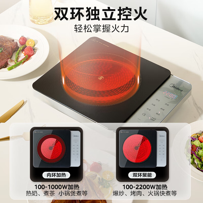 美的(Midea)电磁炉电陶炉围炉煮茶匀火加热2200W双环大功率烧水炒菜煮粥低辐射定时火锅炉 MC-HW22E01高清大图