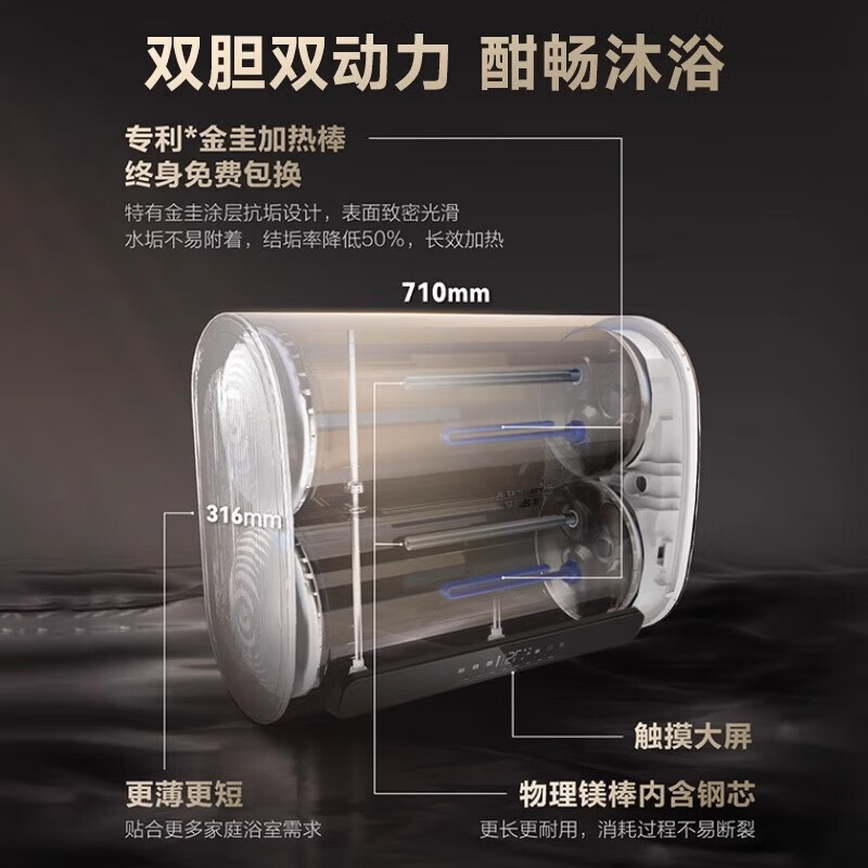 史密斯(A.O.SMITH)电热水器60升超薄扁桶双胆速热 一级能效节能储水式HGT 60L 3000W APP智能操控