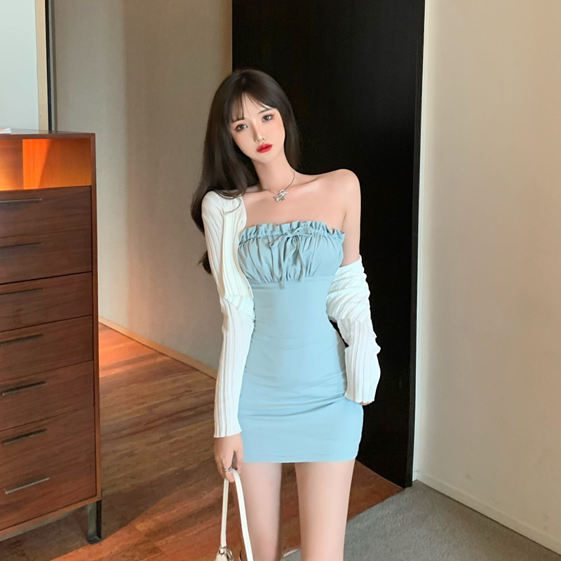 婕秘LGGSTYLE chic风修身一抹蓝连衣裙+针织短款开衫套装女2020新款