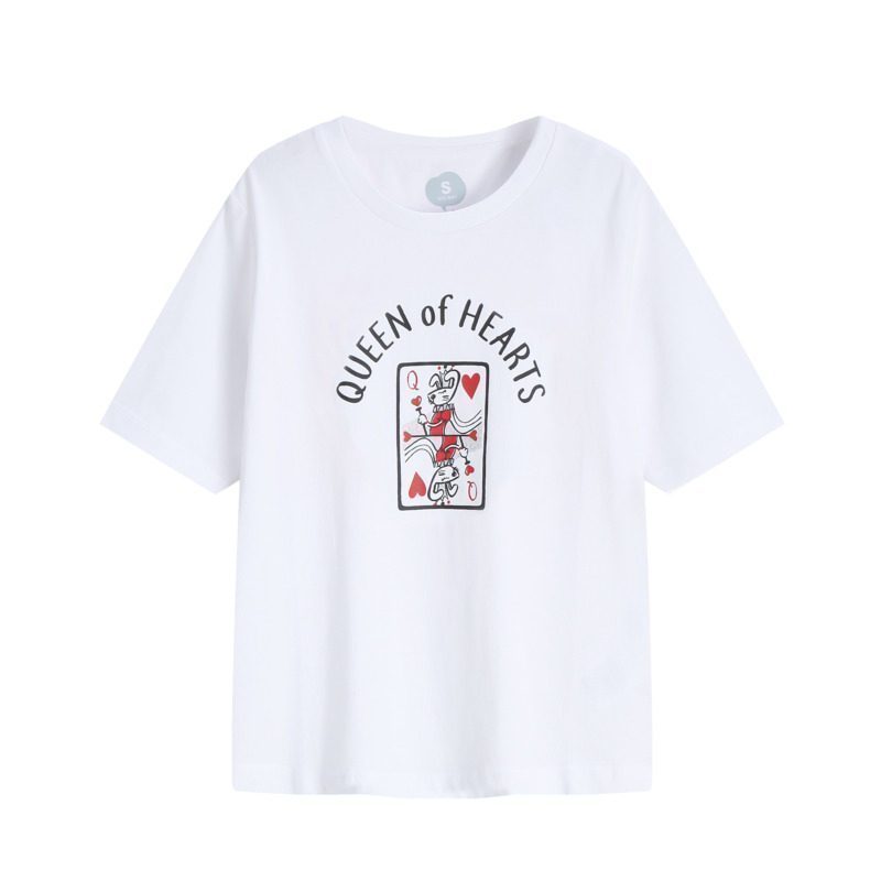 堡狮龙女装扑克牌印花休闲圆领短袖T恤宽松620811370 XL 010漂白色