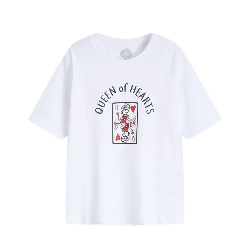 堡狮龙女装扑克牌印花休闲圆领短袖T恤宽松620811370 XL 010漂白色图片