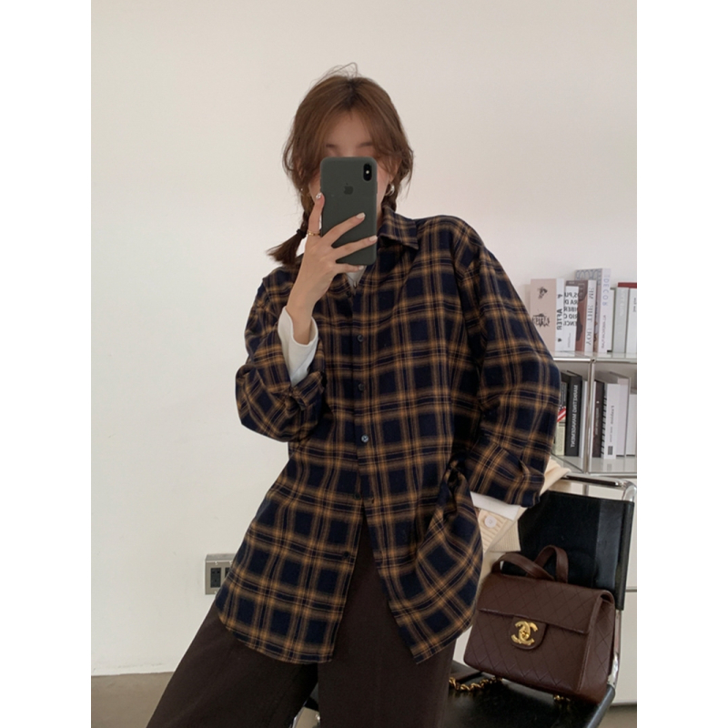 艳如飞磨毛格子衬衫女长袖春秋新款百搭外穿复古休闲格纹衬衣外套衬衫