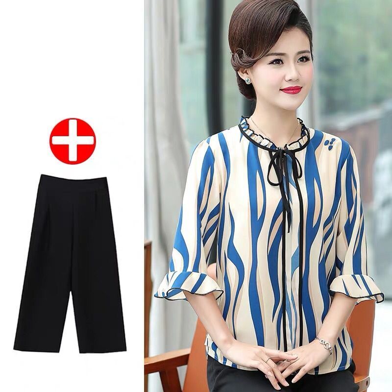 中老年夏季女装妈妈装夏装半袖套装短袖雪纺衫女上衣阔腿裤两件套衫