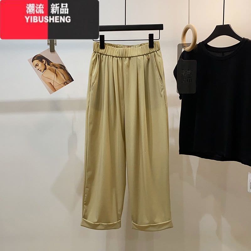 YIBUSHENG四季青日系薄款透气直筒休闲裤女季高腰宽松显瘦卷边阔腿九分裤图片