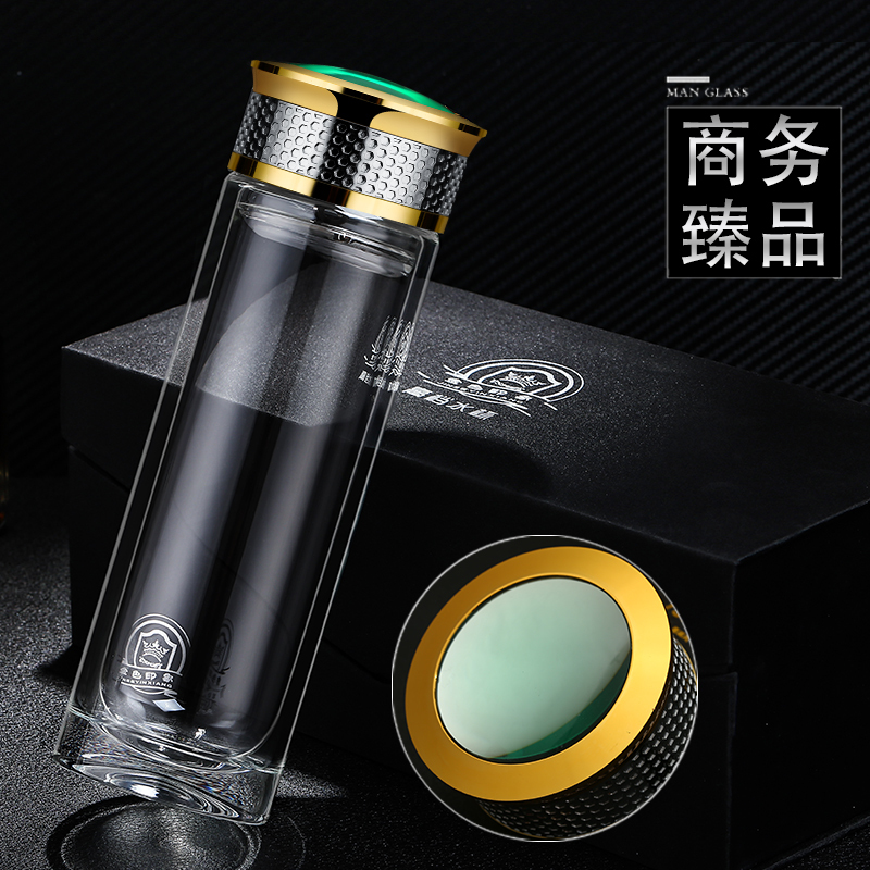 爱自由双层玻璃杯男女士高档透明泡茶水杯家用便携隔热商务办公杯子