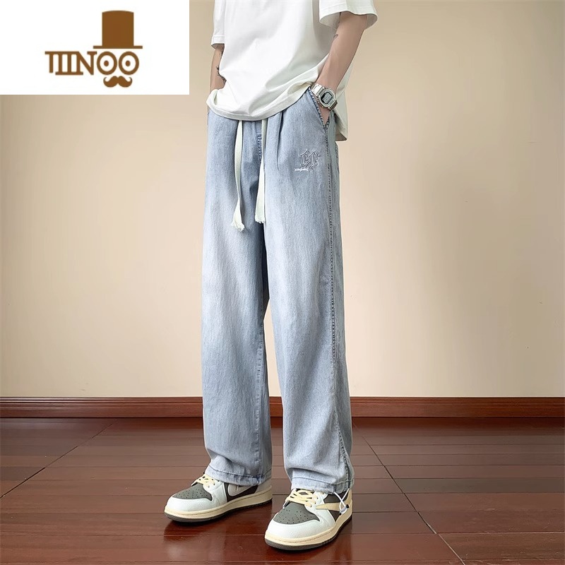 YANXU夏季薄款牛仔裤男初中高中学生宽松直筒长裤潮流大童夏天U闲中男高清大图