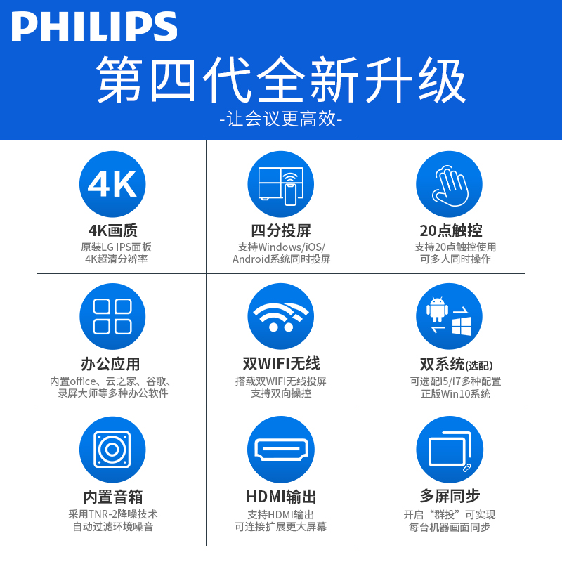 Philips/飞利浦 75英寸4K智能会议平板显示器无线投影 商务培训教学互动电子白板 触摸一体机 75BDL3001T 含OPS主机+移动推车高清大图