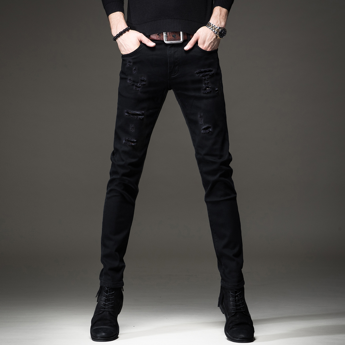 new lake贵色秋季破洞黑色牛仔裤男潮牌韩版潮流弹力修身小脚裤休闲