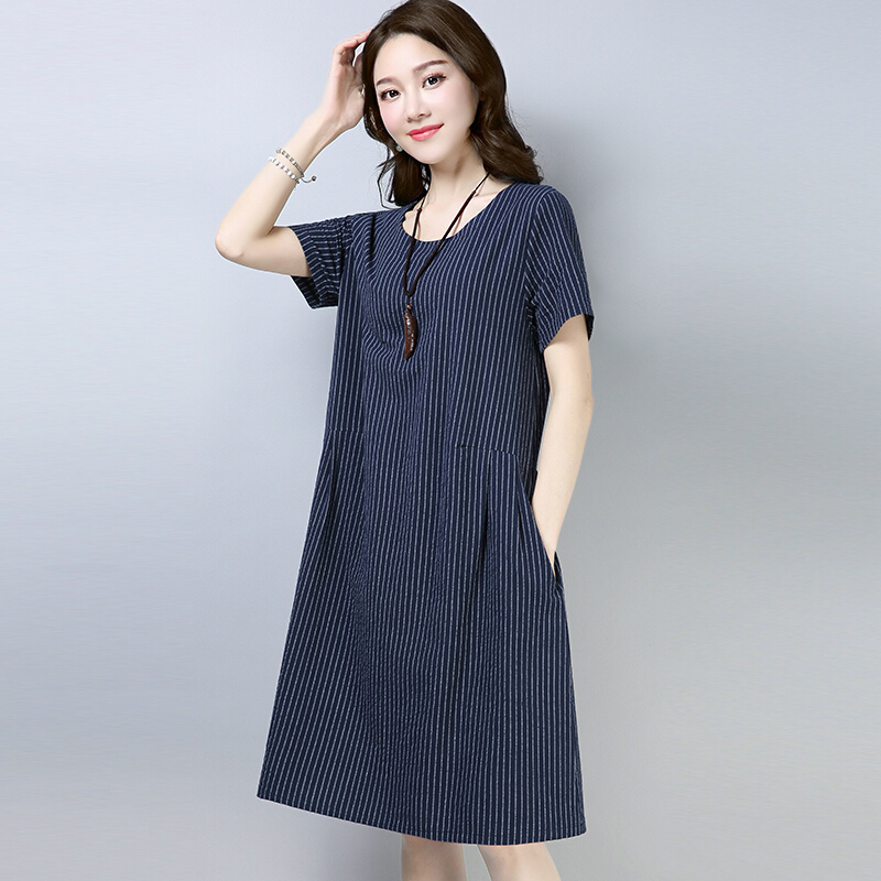 民族风女装裙子2018夏装新款胖mm大码宽松条纹中长款棉麻连衣裙