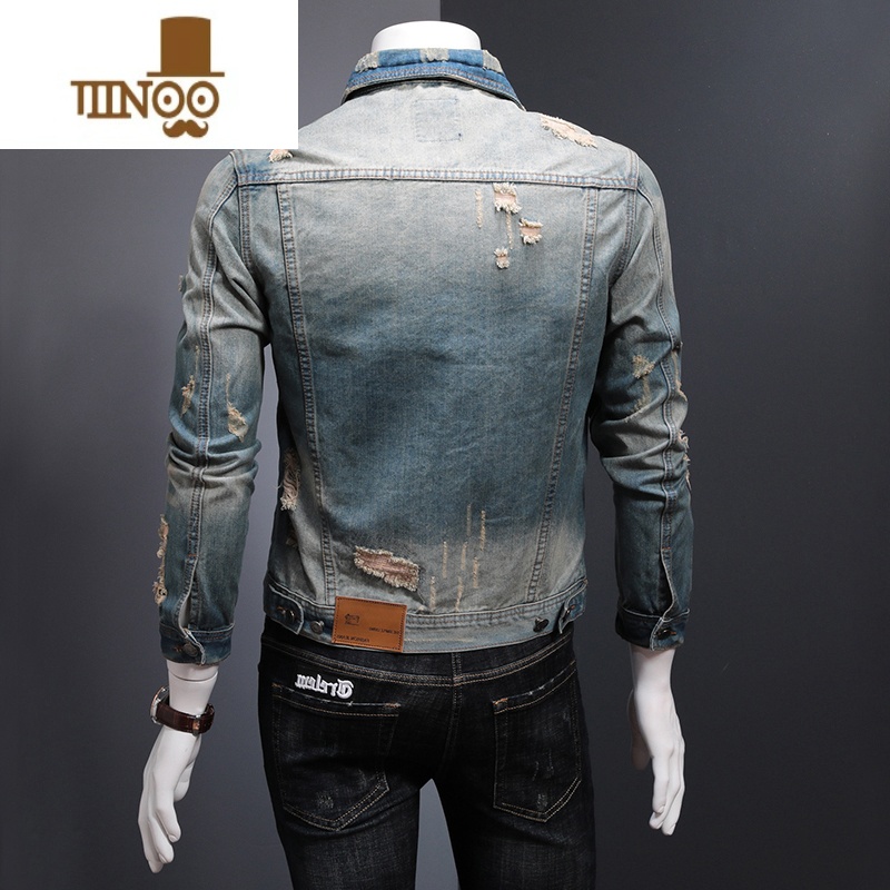 YANXU新款修身破洞牛仔外套男士牛仔褂上衣翻领夹克复古牛仔服高清大图