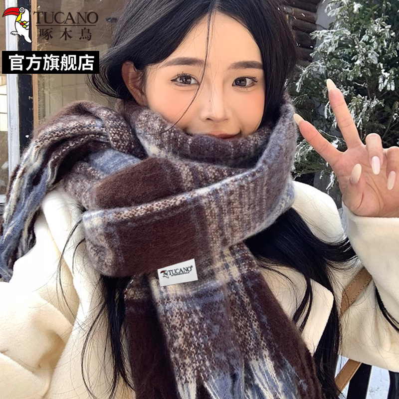 啄木鸟2024冬新款蓝咖格纹围巾女保暖高级感韩版复古百搭防寒围2高清大图