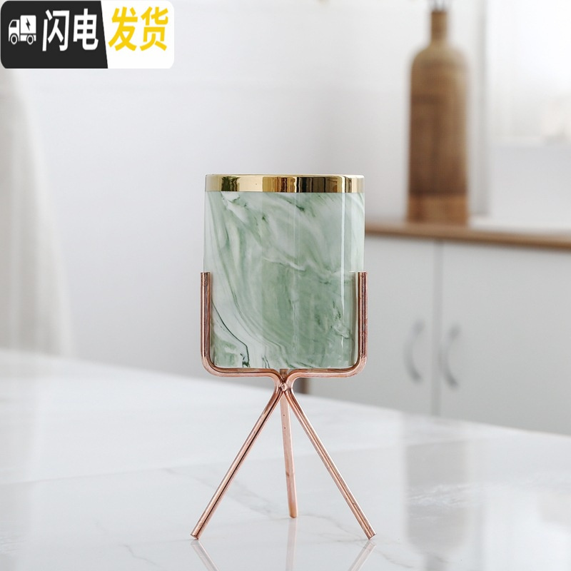 三维工匠ins北欧小清新多肉陶瓷小花盆创意个性室内好看铁艺简约客厅摆件 金边牛油果绿盆+金属架 中花盆容器高清大图