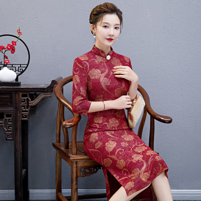 calfland春款新式改良旗袍新款女中国风妈妈婚礼服复古日常旗袍裙