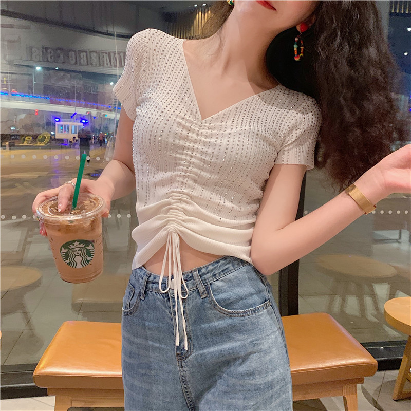 艳如飞很仙V领夏季薄款洋气烫钻冰丝针织衫心机上衣抽绳系带短袖T恤小众T恤