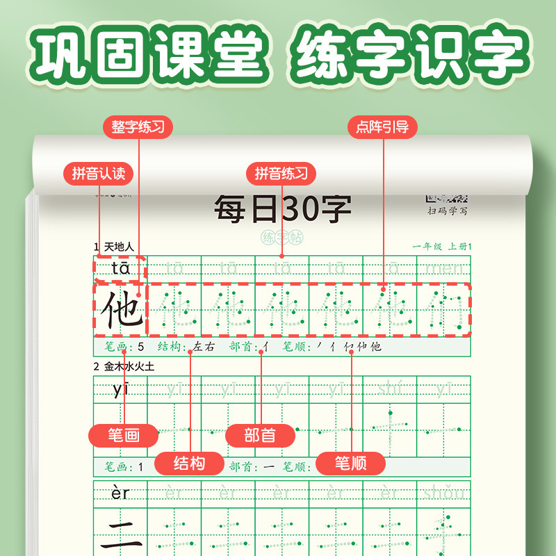 五年级下册3本 [正版]减压同步字帖每日30字一年级字帖上下册语文雷射同步练字帖二三年级人教版小学生每日一练钢笔临摹描红