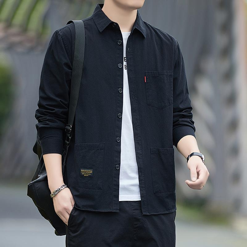 啄木鸟100%纯棉衬衫男士长袖2025新款春秋休闲衬衣工装外套潮1秋高清大图