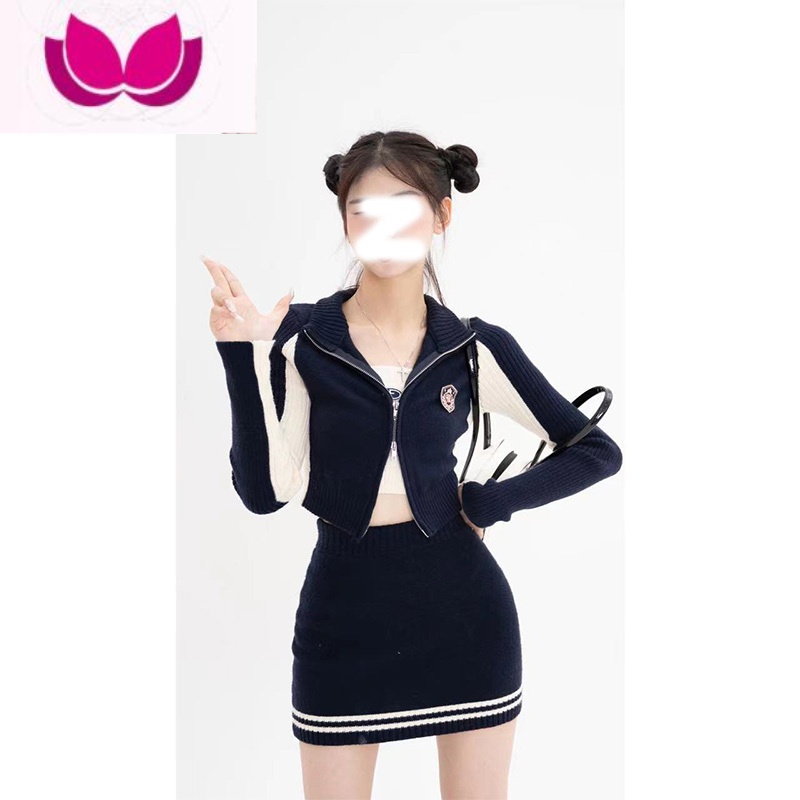 七斓美式学院风休闲时尚套装女高级感网红炸街运动半身裙三件套 S 开衫+吊带+短裙