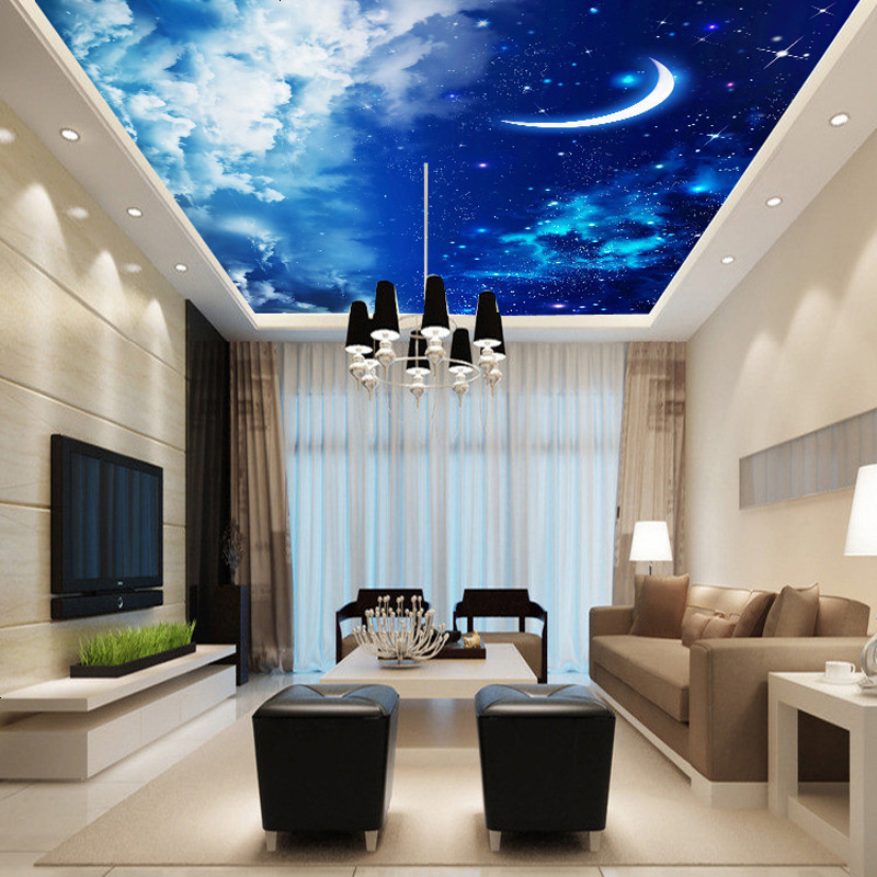 洛蔓客厅沙发卧室电视背景墙壁画定制无缝整张环保吊顶天花板星空月亮
