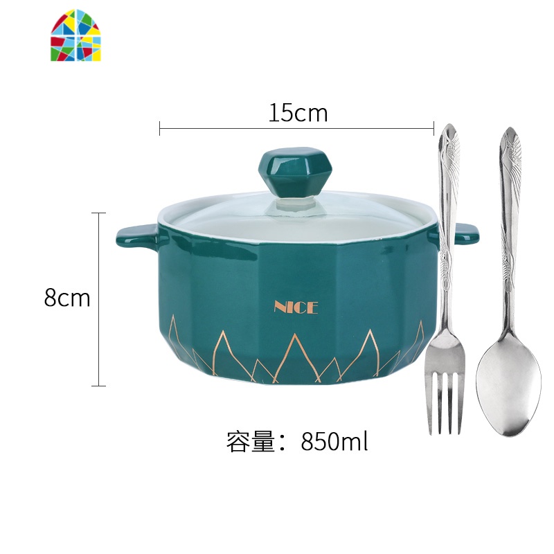 日式可爱泡面碗大号创意带盖双耳陶瓷家用餐具碗宿舍汤碗单个 FENGHOU 孔雀蓝面碗线条真金送大汤勺叉子高清大图